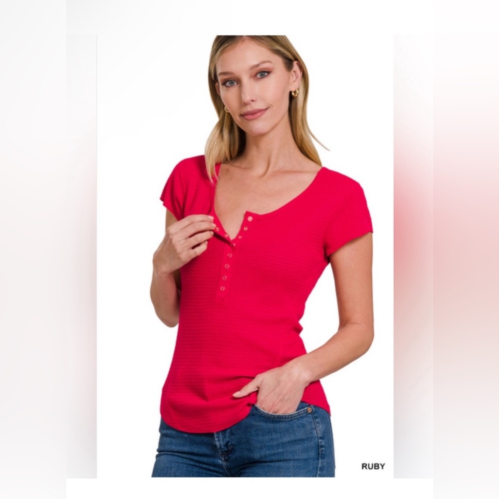 NWT Zenana Baby Waffle Snap Button Cap Sleeve Top XL